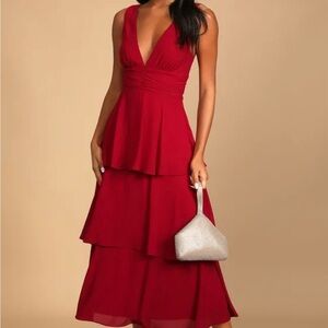 Celebration Time Red Sleeveless Tiered Midi Dress